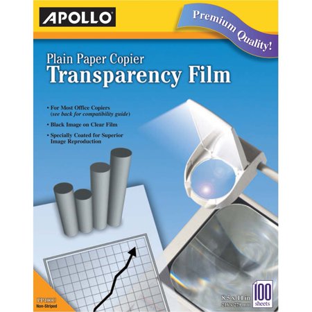 Overhead Copier Transparency Film - Apollo Plain Paper B/W Laser Transparency Film w/Handling Strip, Letter, Clear, 100/Box