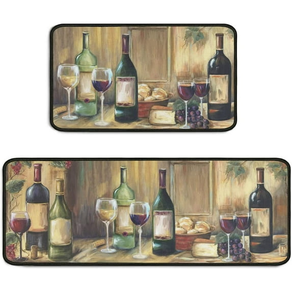 Wine Kitchen Rugs Set 2Pcs Non Skid Kitchen Floor Rug and Mat Waterproof Kitchen Runner Rug Standing Area Mat Carpets for Floor Decor 17"x47"+17"x30"