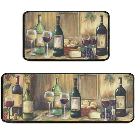 Wine Kitchen Rugs Set 2Pcs Non Skid Kitchen Floor Rug and Mat Washable Kitchen Mat for Indoor Restaurant Kitchen Floor Decor 17"x47" 17"x30"