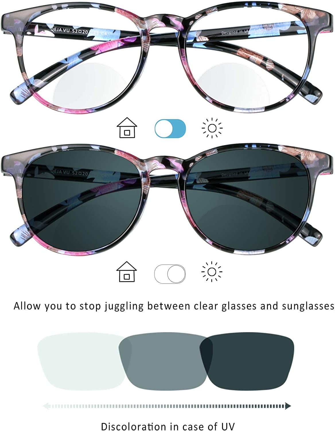 LifeArt Bifocal Reading Glasses, Transition Photochromic Dark Grey Sunglasses, Oval Frame, Computer Reading Glasses, Anti Glare (Blue Floral, +0.00/+2.50 Magnification)