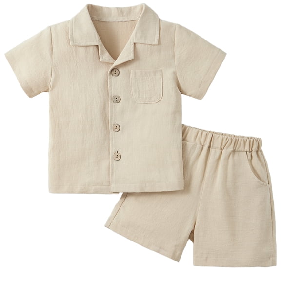 GYRATEDREAM Toddler Baby Boys Clothes Set Short Sleeve Button-Down Shirt Tops Cotton Linen Shorts 2PCS Summer Outfit, 12-18M