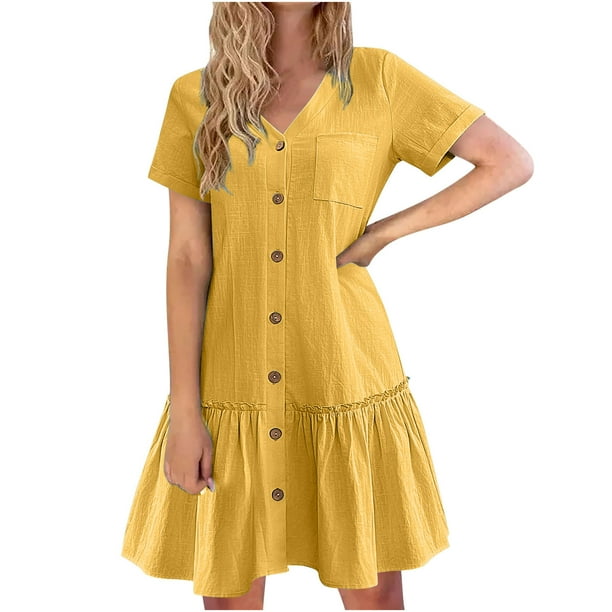 Puntoco Vestido De Manga Corta Con Cuello En V, Vestido De Playa De Manga Corta Plisado Con Cuello En V De Color Sólido Suelto Para Mujer Amarillo Xxl