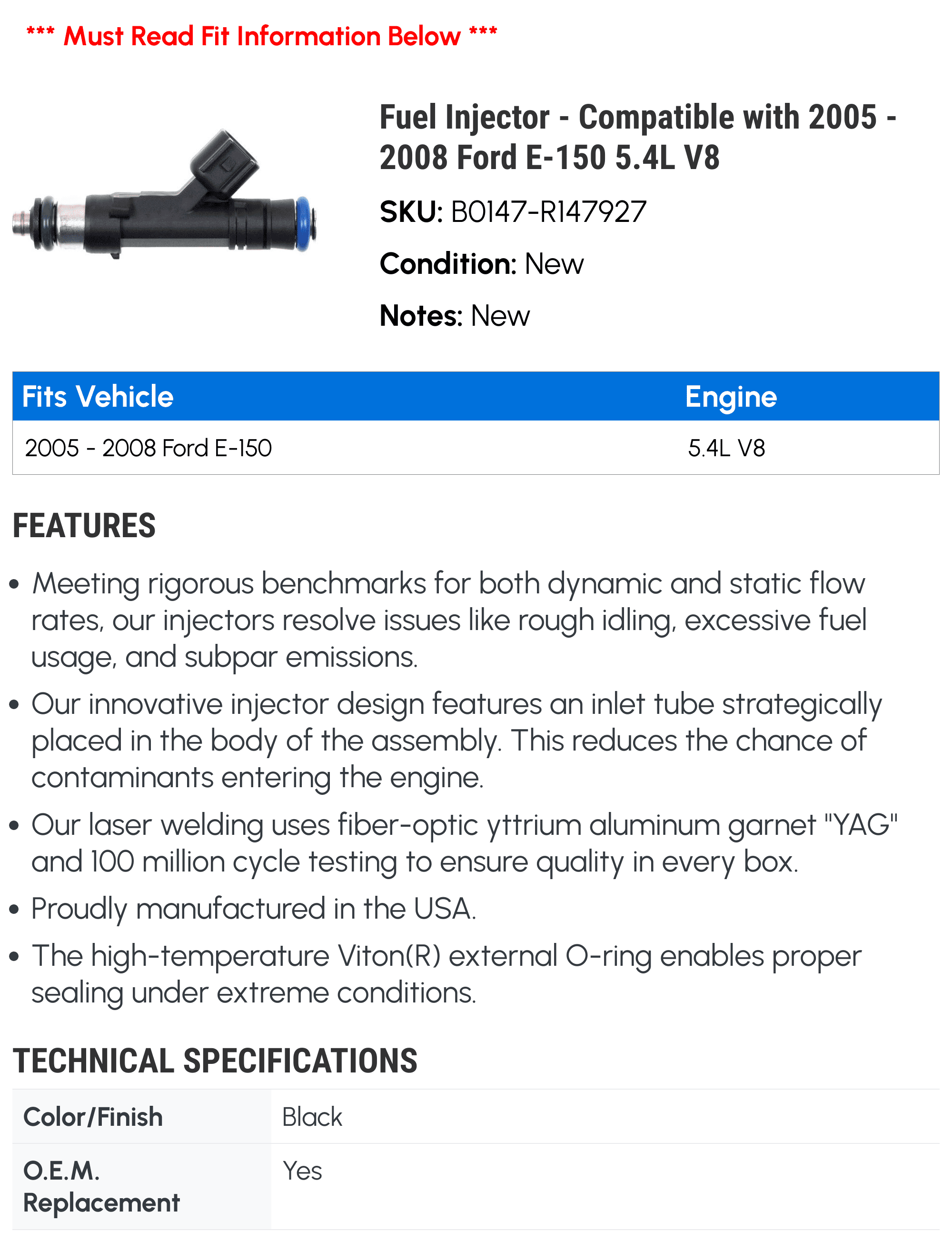 Fuel Injector - Compatible with 2005 - 2008 Ford E-150 5.4L V8 2006 2007