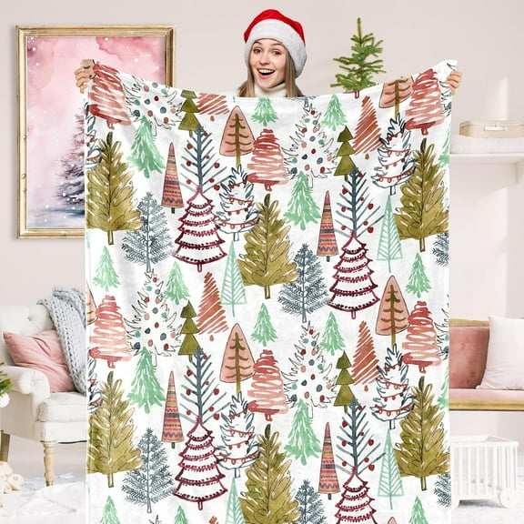 Christmas Fuzzy Blanket Colorful Forest Throw Blanket Xmas Tree Blanket for Winter Home Chair Sofa Couch Bed