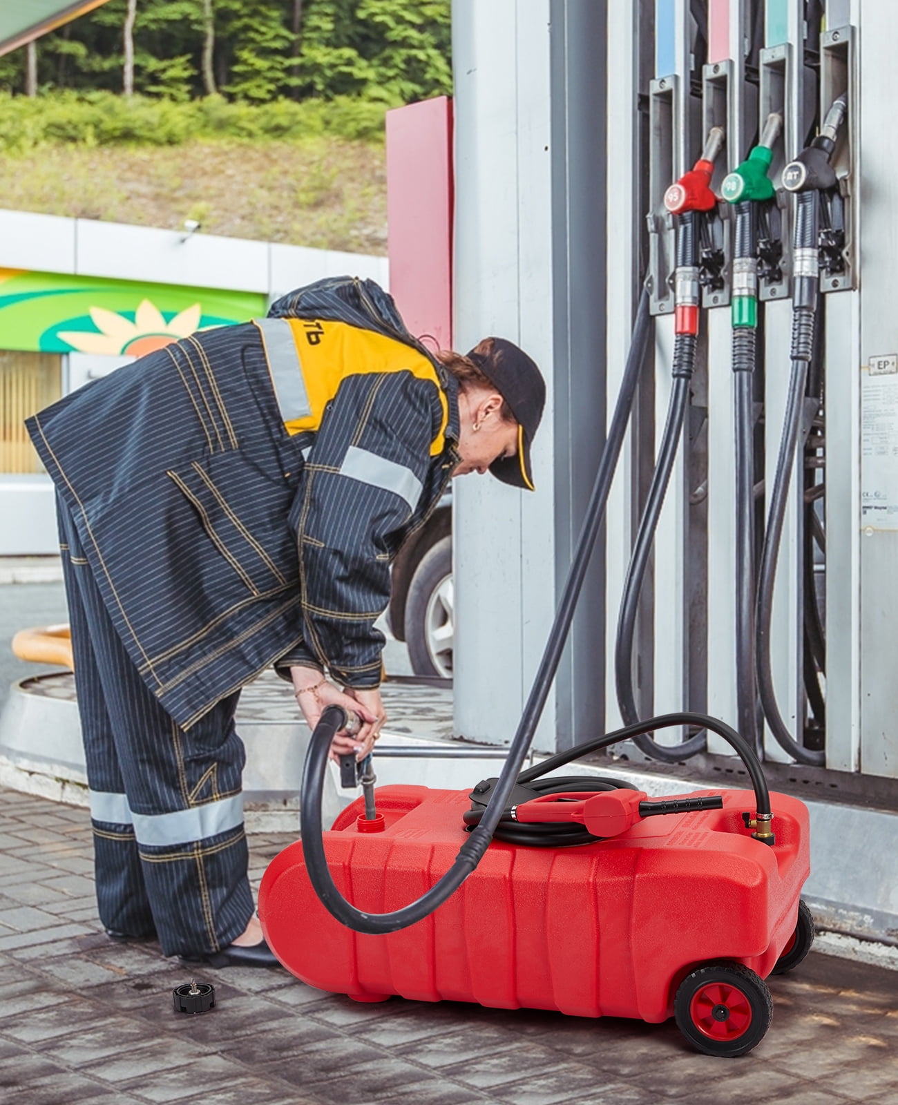 ChaoLink Portable Fuel Caddy 15 Gallon Gas Fuel Tank Container Caddy, Caddy with Shut-Off Valves, Siphon Mode Flow Rate of 2 Gallons Per Minute, ScarletRed
