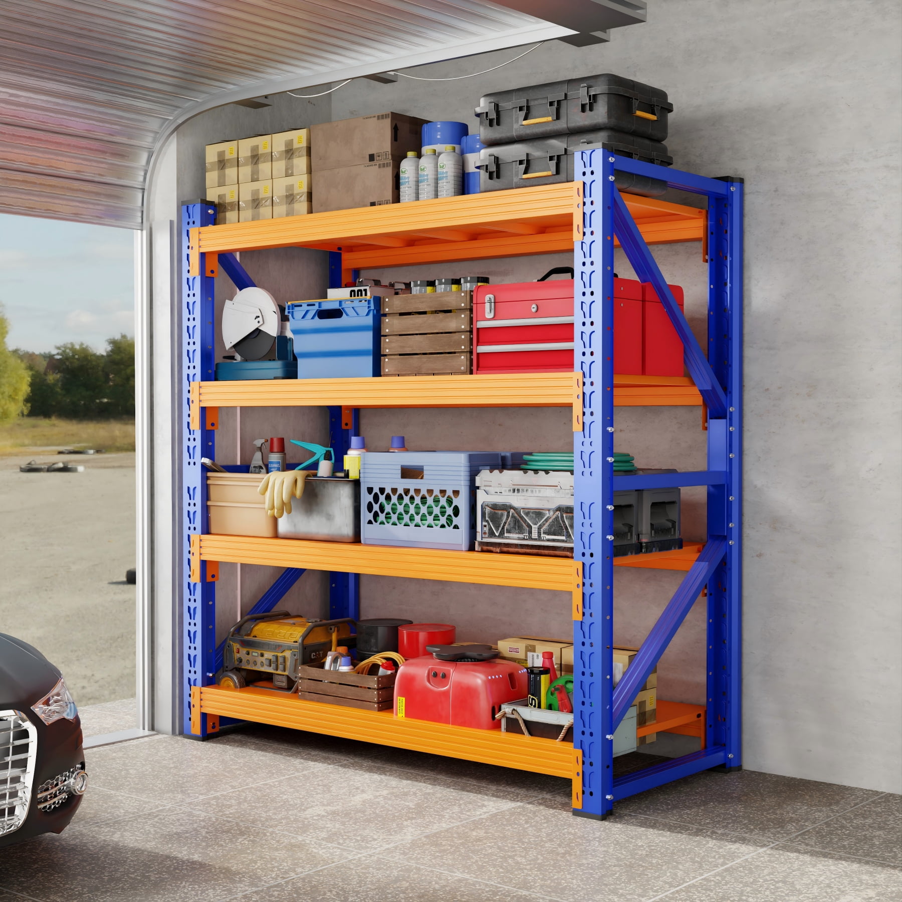 Welfiya 59"Wide Garage Shelving Unit,3500LBS Heavy Duty Storage Shelves,4-Tier Metal Industrial Shelving,Adjustable Standing Shelf for Warehouse,Basement,Workshop,59.1"W x 23.6"D x 78.7"H,Blue&Orange
