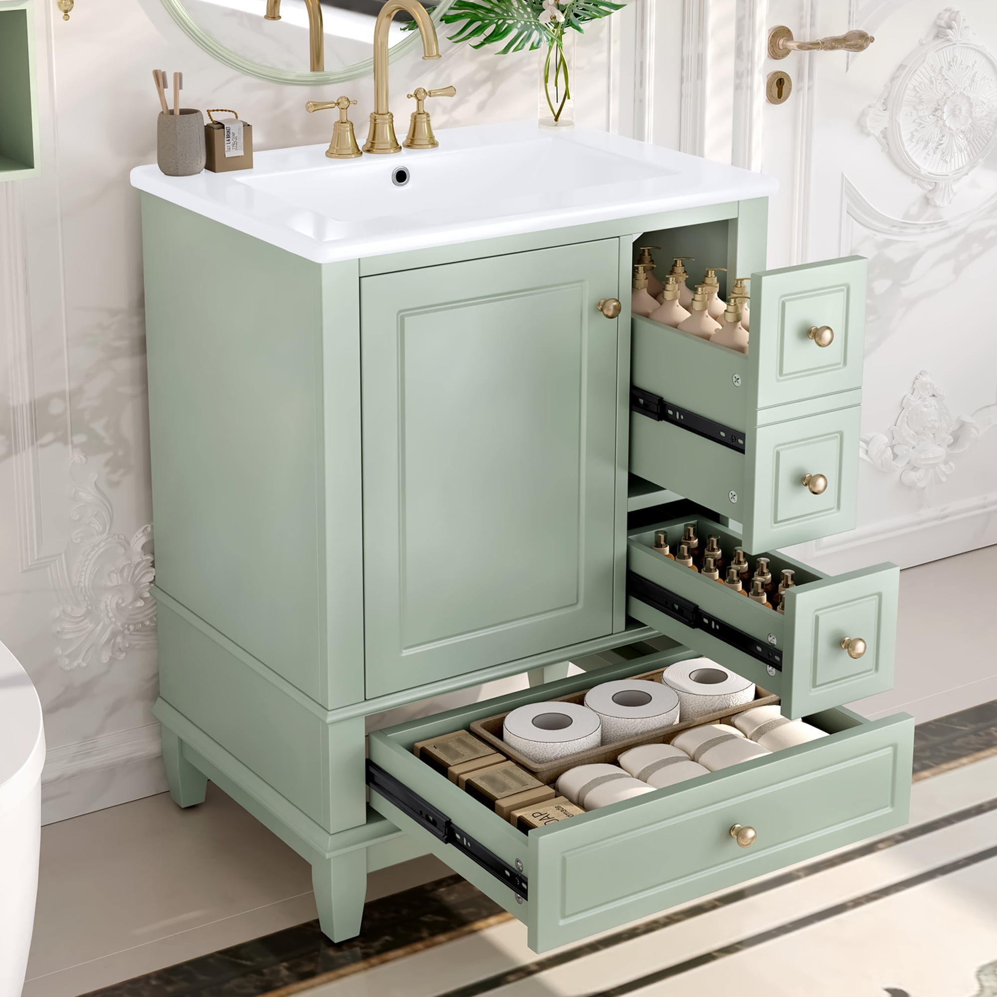 Euroco 24" Bathroom Vanity with Sink and Drawers, Green Freestanding Vanity Cabinet with Ceramic Top and Storage Shelves, MDF and Solid Wood Base, Modern Sink Cabinet