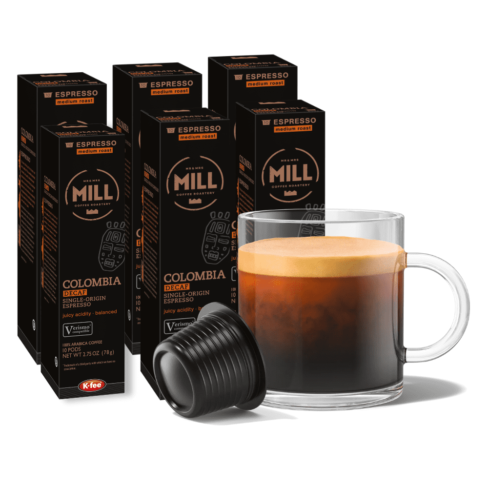 Mr and Mrs Mill Colombia Decaf Espresso K-fee® & Starbucks® Verismo* Compatible | 60 Count (6 boxes X 10 Pods) | Medium Roast Single Serve Espresso Pods