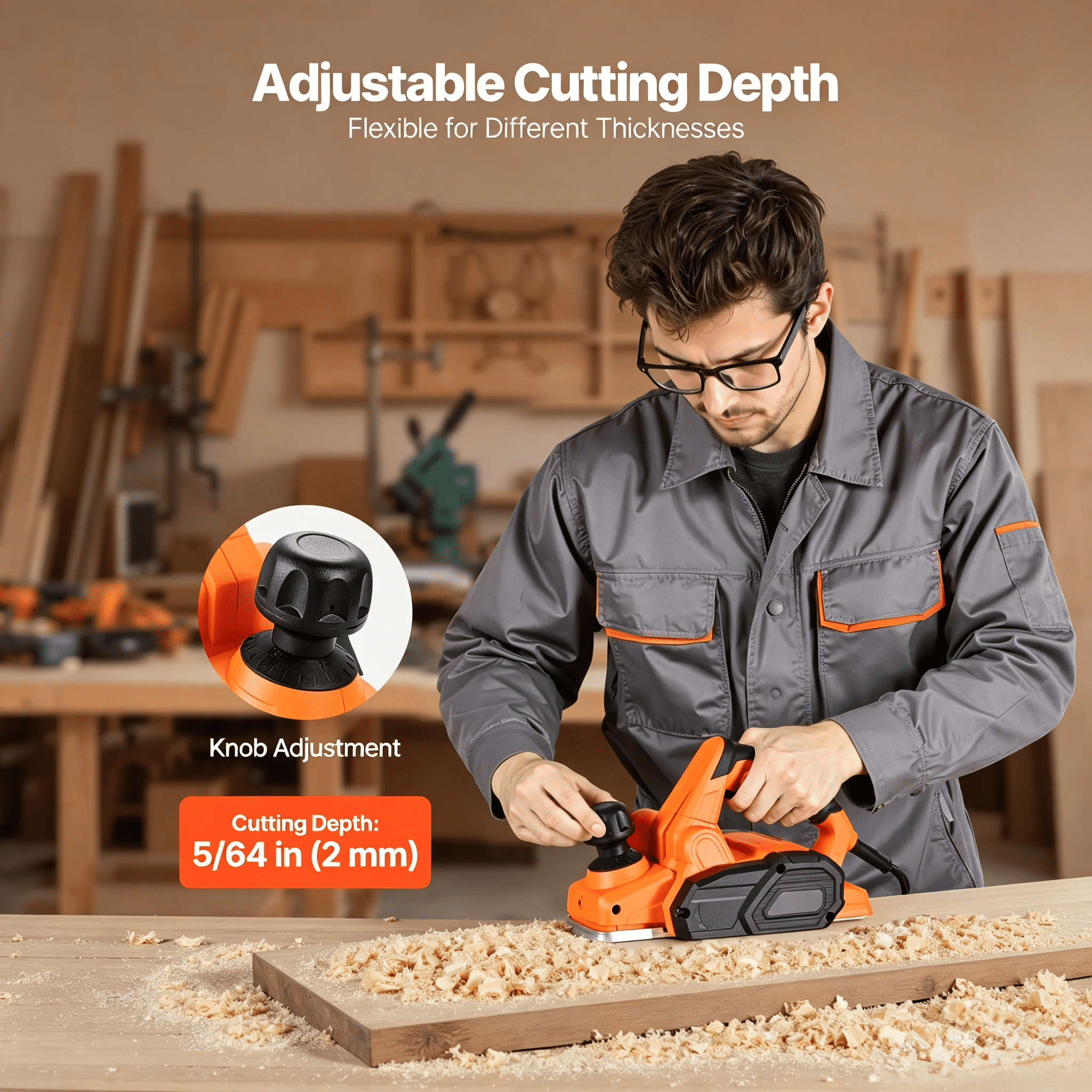 Electric Hand Planer with 3-1/4" Planing Width, 5/64" Depth, Adjustable Knob, Chamfering Groove, for Woodworking DIY Projects