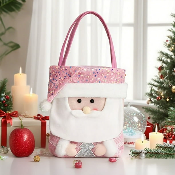 Seyotauo Christmas Pink Sequin Cartoon Santa Fabric Doll Handheld Bag,Candy Storage Bags,for Holiday Party and Home Decorations Candy Storage