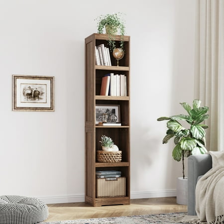 LINSY HOME 68in 5 Tier Bookshelf Tall Narrow Bookcase Shelf Storage Organizer Modern Book Shelf for Bedroom Living Room and Home Office Dark Brown