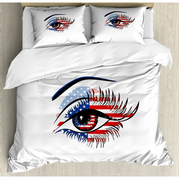 Eyelash Duvet Cover Set Queen Size, United States Flag Pattern Female Eye Stars and Stripes 4th of July Theme, Decorative 3 Piece Bedding Set with 2 Pillow Shams, Navy Blue Red Black, by Ambesonne