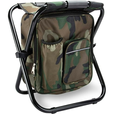 Kikerike Folding Stool Backpack Insulated Cooler Bag Collapsible Camping Hunting Fishing Multifunction Chair with Front Pocket and Bottle Pocket for Outdoor Events Hiking Travel Beach C29