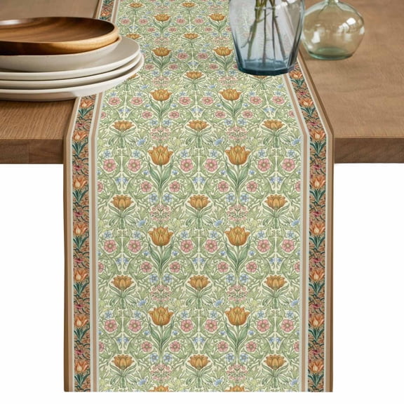 Vintage Boho Floral Cotton Linen Table Runner for Dining Kitchen, Ethnic Tribe Abstract Art Flowers Wedding Outdoor Party Tablerunners Decoration, Dresser Scarf Coffee Tablecloth Runners 13x60 Inches