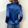 thumbnail image 3 of Vivianyo HD Women's Wrap V Neck Satin Blouses, Irregular Ruched Long Sleeve Solid Casual Silky Tops for Women, Women's Blue, Sizes S-3XL, 3 of 5