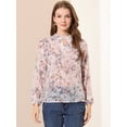 thumbnail image 3 of Unique Bargains Femmes Floral Semi Transparent Trou de Serrure Chemisiers Stand Col Puff Manches Longues Tops, 3 of 6