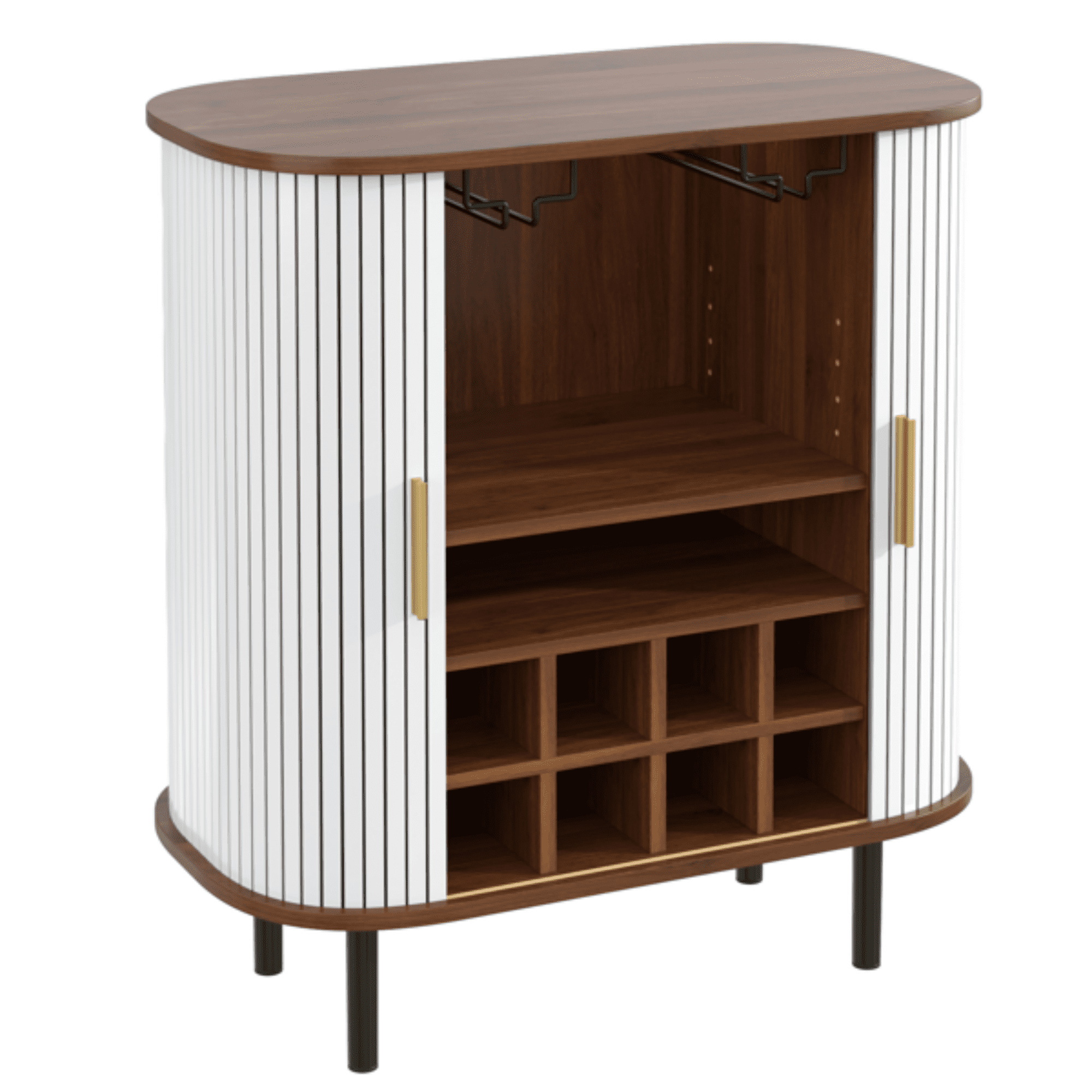 28" Fluted Wine Bar Cabinet with 8-Grid Wine Rack, 5-Level Adjustable Shelves, 2 Glass Holders, Smoothly Sliding Tambour Doors, 4 Hidden Storage Space on the Side, Modern Liquor Coffee Station, White