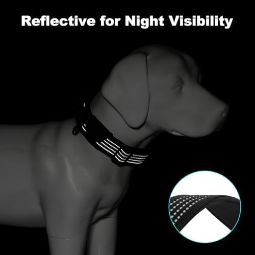 Tactical Dog Collar with Tracker Pocket for AirTag, Adjustable Reflective Nylon Collar, Metal Buckle, Leather-Wrapped Handle, Soft Padded for Medium Large Dogs (Black, S)