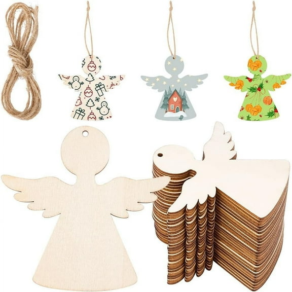 3 Sets 30Pcs Angel Wooden Ornaments Unfinished Wood Christmas Cutouts with Jute Cord Hanging Fairy Blank Wings Craft Wood Pieces Tags for DIY