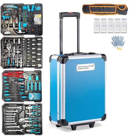 Arcwares 799pcs Aluminum Trolley Case Tool Set Silver, House Repair Kit Set, Household Hand Tool Set, with Tool Belt,Gift on Father's Day (Black)