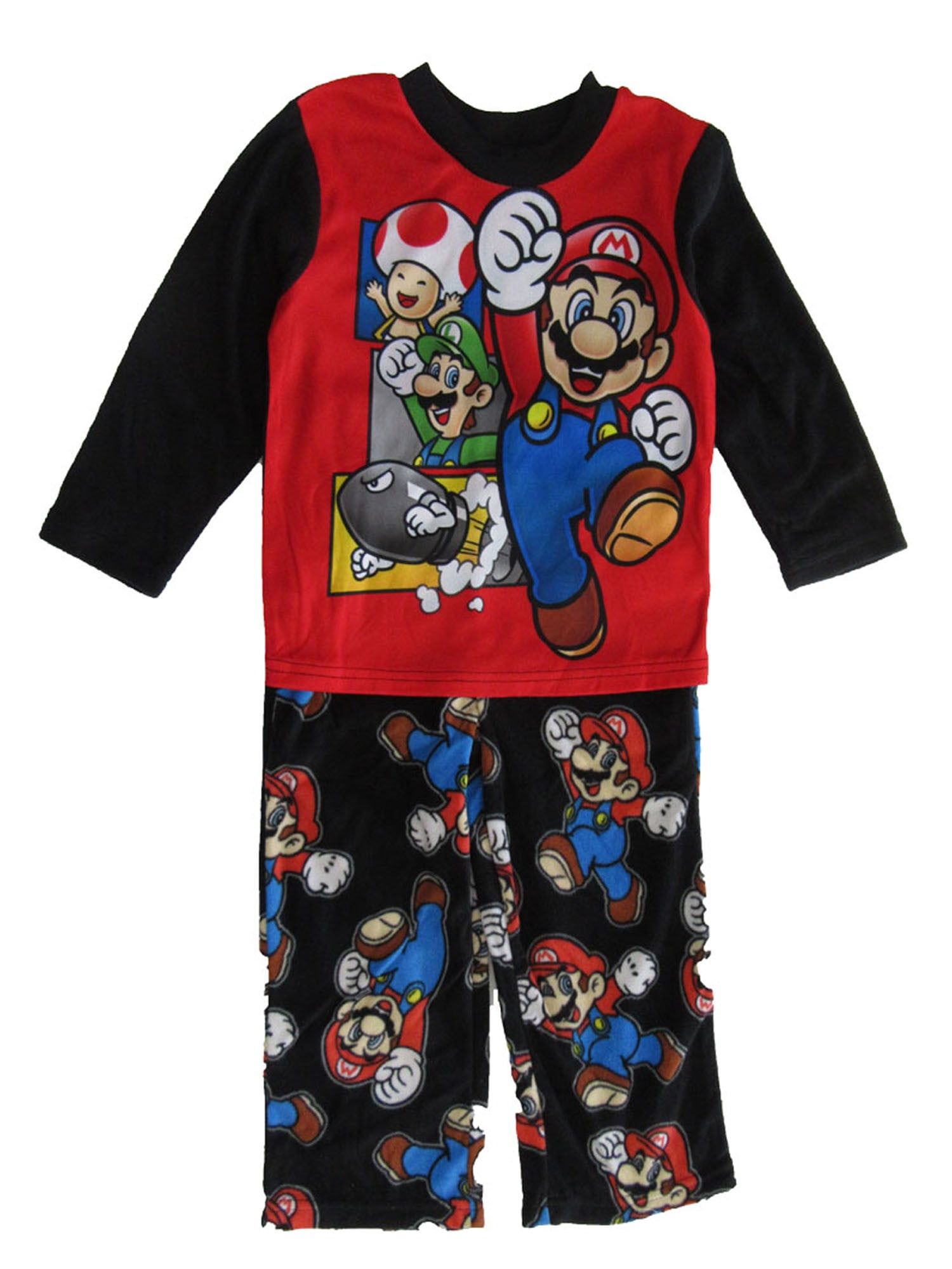 Super Mario Brothers Little Boys Red Black Button Up Long Sleeve Pajama