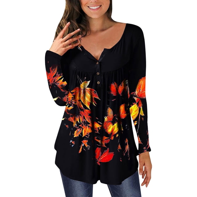 Mialoley Women Loose Tops, Printing Long Sleeve Wide Hem Blouse Base Shirt