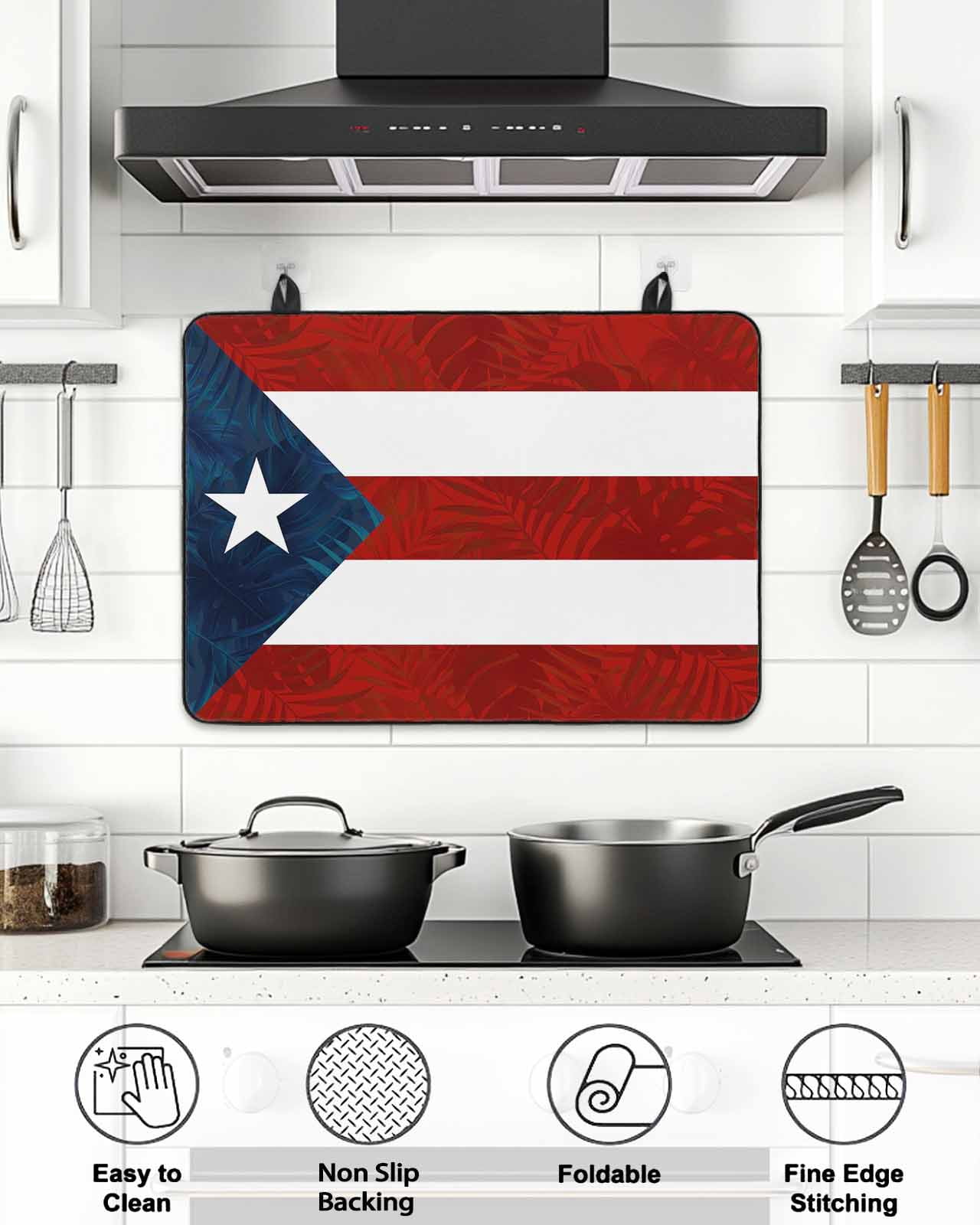 Stove Top Covers for Electric Stove, Puerto Rico Flag Glass Stovetop Cover Protector, Palm Leaf Botanical Red Striped Blue Star Induction Cooktop Protector Oven Mat for Kitchen Countertop 24"x21"