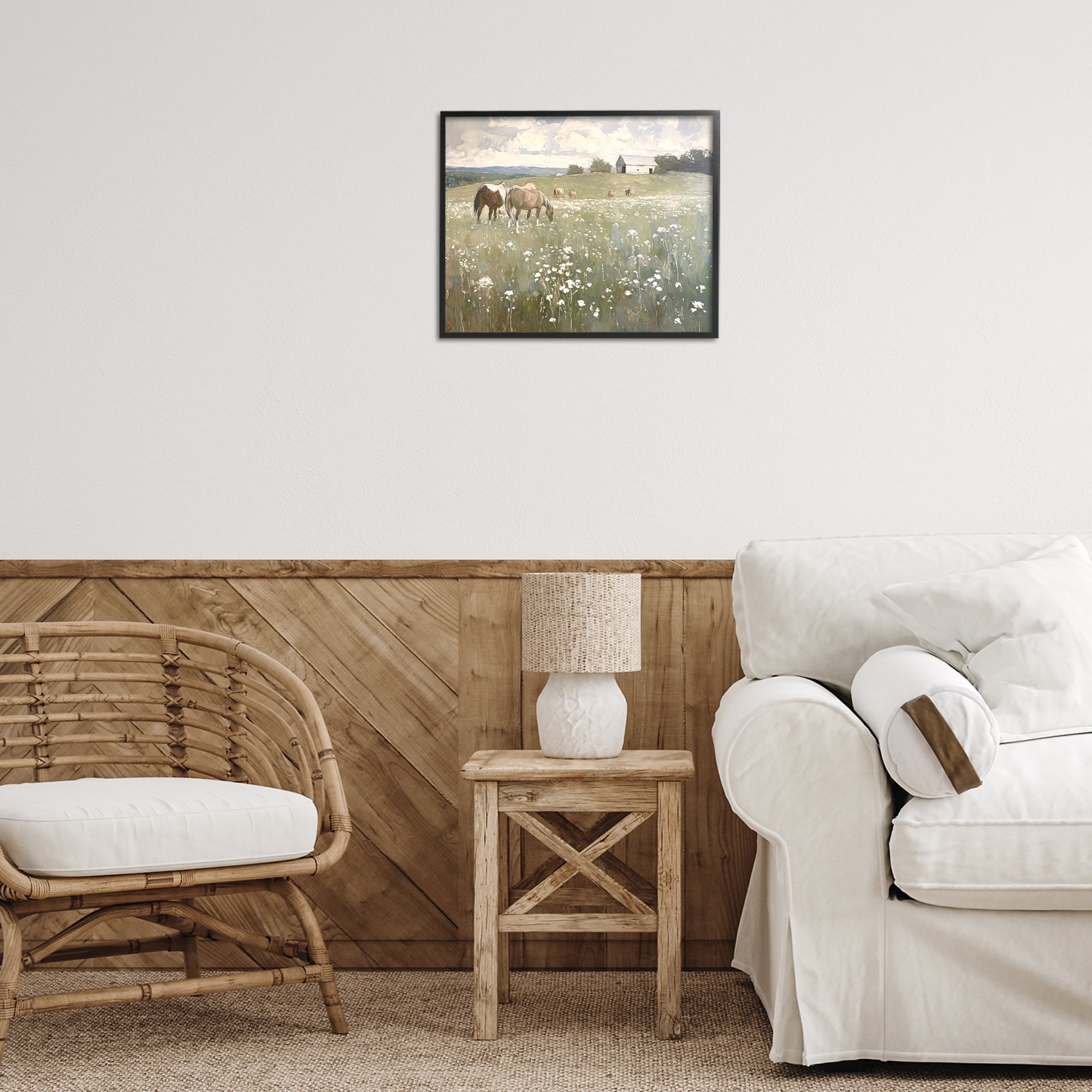 Stupell Industries Horses in Pasture Landscape Painting Black Framed Art Print Wall Art, 20 x 16