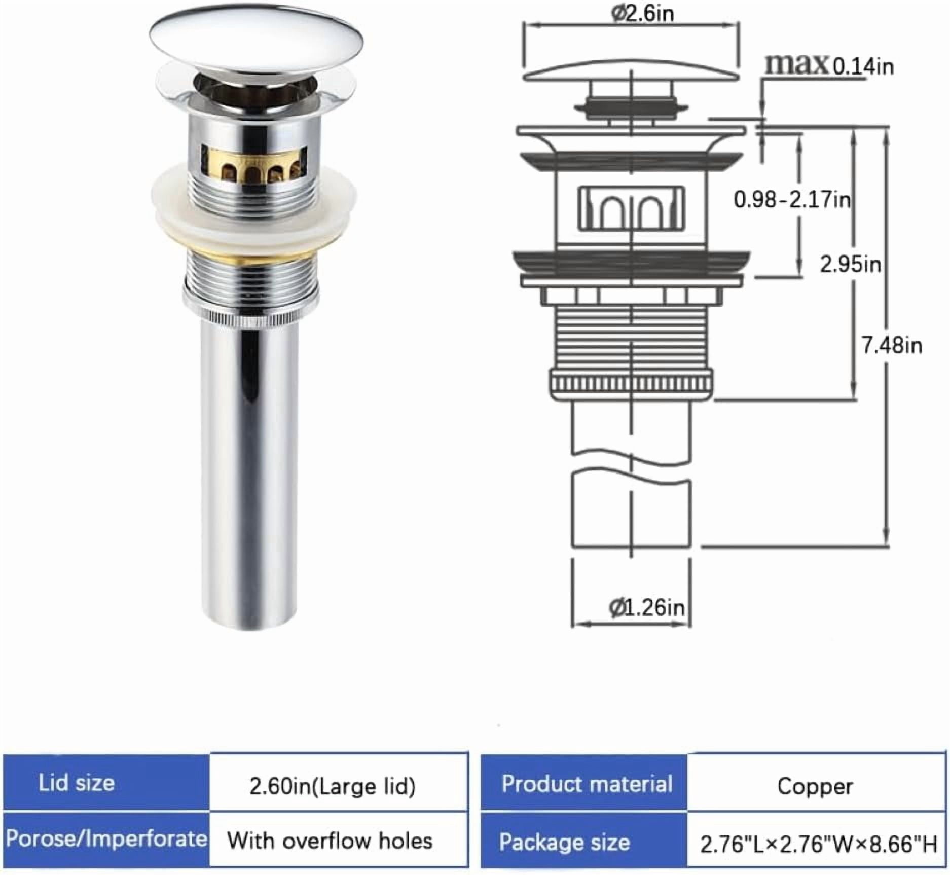 FRKSMD-Bathroom Stainless Steel Faucet Vessel Vanity Sink Drain Stopper, Pop Up Sink Drain with Overflow, Polished