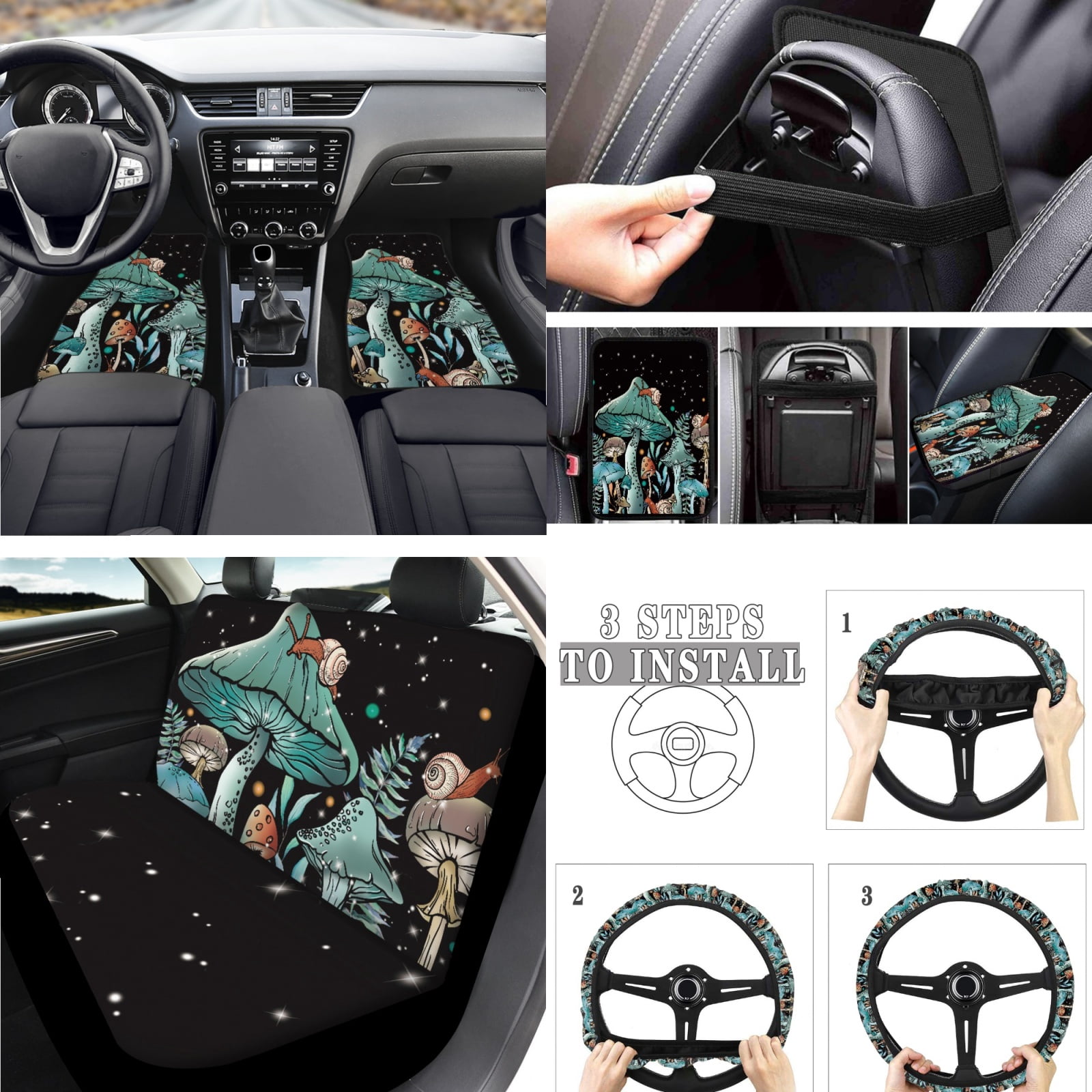 Jeiento Aesthetic Mushroom Car Seat Cover Set of 17 Car Floor Mat Steering Wheel Cover Armrest Cover Safety Belt Pad Cup Coasters Keychain Lipstick Holder Universal Automobile Accessory Interior