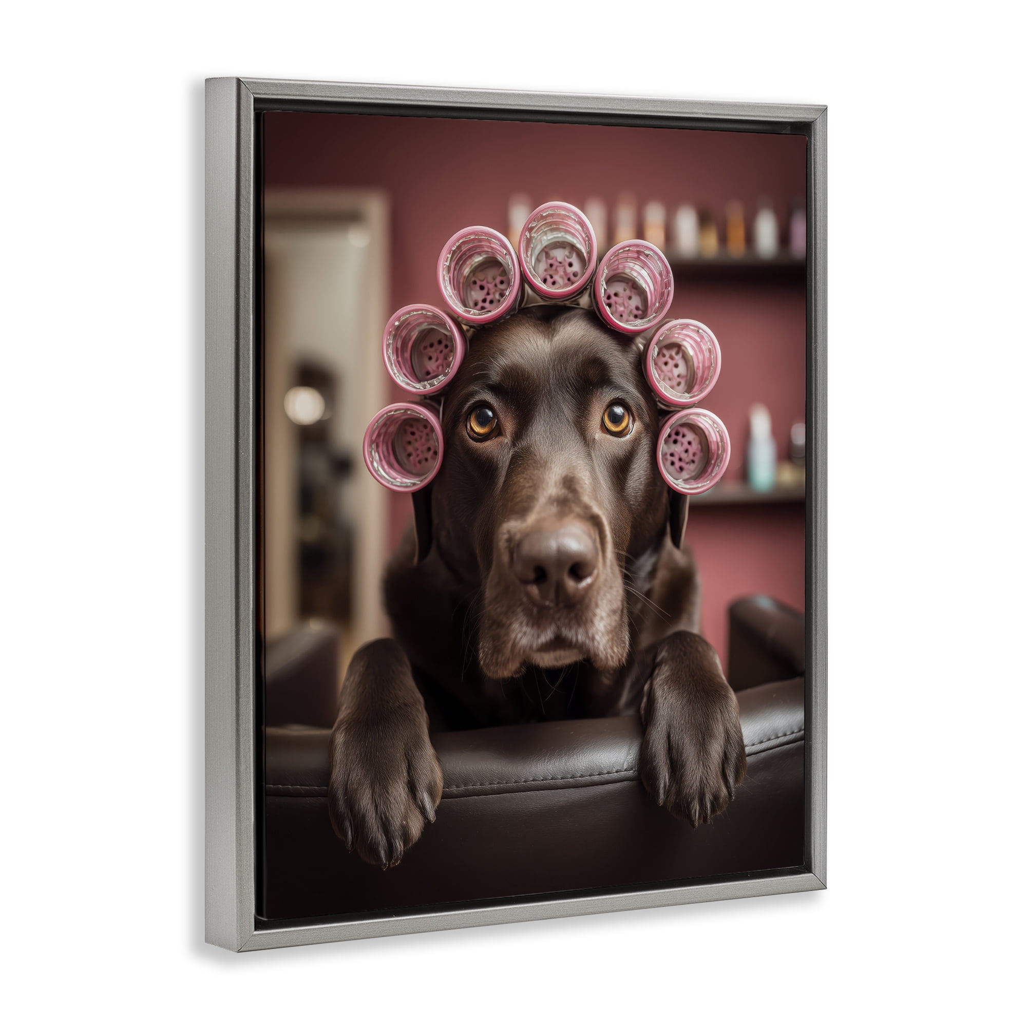 Stupell Industries Dog at Salon with Curlers Gray Framed Floater Canvas Wall Art, design by Scott Stulberg
