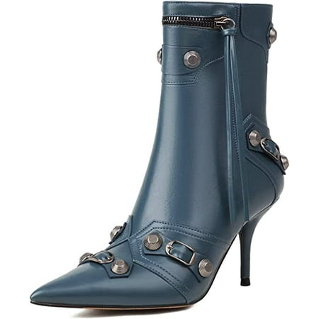 

Women s Stiletto High Heel Ankle Boots with Tassel Pointy Toe Studded Zipper Short Booties Heels Dress Shoes