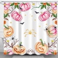 thumbnail image 1 of Vibrant Halloween Shower Curtain - Whimsical Pumpkins, Bats & Spiders, 1 of 4