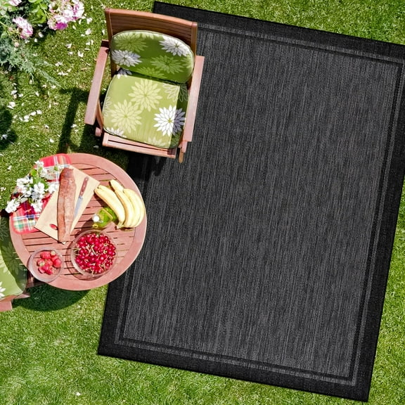 Indoor Outdoor Rug, 5x7 Bordered Dark Grey Black Modern Area Rugs for Indoor and Outdoor Patios, Kitchen and Hallway Mats, Washable Porch Deck Outside Carpet (Bordered Black, 5 x 7)