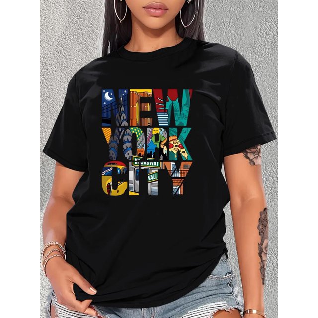 Camiseta informal elegante con estampado de letras coloridas para mujer. Cuello redondo, manga corta, algodón transpirable. Perfecta para primavera, verano y otoño.