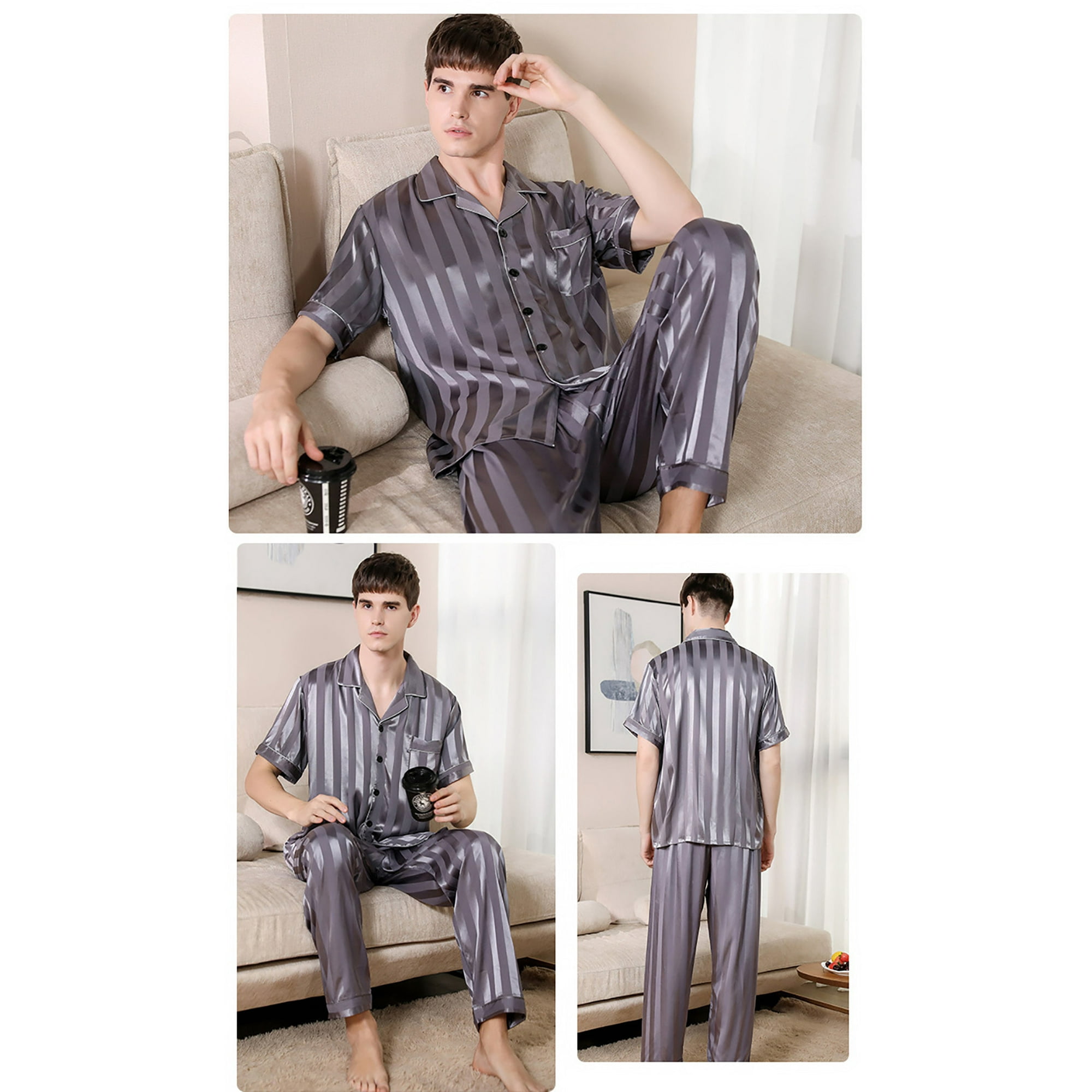 VOIANLIMO Solid Striped Men Pajama Sets Spring Summer Ultra thin Ice Silk Men s Pajamas Set Soft Comfortable Pijamas Pyjama Homme Walmart