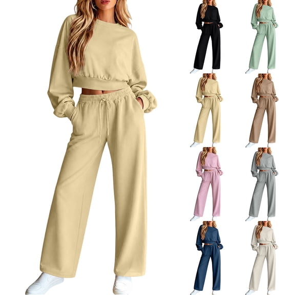 Kctiaxy Sweatsuits Women 2 Piece Outfit Crew Neck Long Sleeve Pullover Crop Tops and Drawstring Wide Leg Pants Fashion Matching Lounge Sets