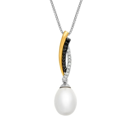Duet Freshwater Pearl and 1/10 ct Black and White Diamond Pendant Necklace in Sterling Silver and 14kt Gold