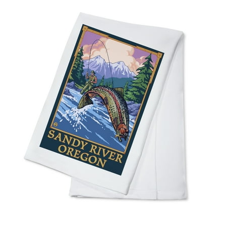 Sandy River, Oregon - Angler Fly Fishing Scene (Leaping Trout) - Lantern Press Artwork (100% Cotton Kitchen