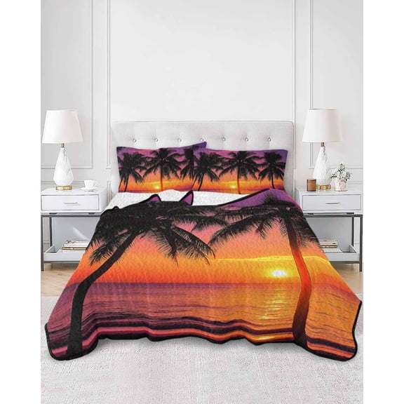 Quilts Queen Size, Ocean Coconut Soft Comforter Bedding Set for Bed, Modern Beach Sunset Seashore Tropical Lightweight Quilted Bedspread with Pillow Cover(2 Pieces) for All Season, 90x96 Inch