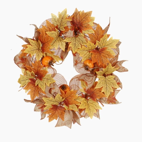 Autumn Harvest Wreath,Artificial Fall Maple Leaf with Small Pumpkins for ndoor Outdoor Porch Wall