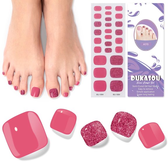 DUKASOU Toenail Stickers-Semi Cured Gel Toenail Strips-Pink Rouge Button, Long Lasting DIY Salon Nail Art Stickers Kit for Adults, 26 Count