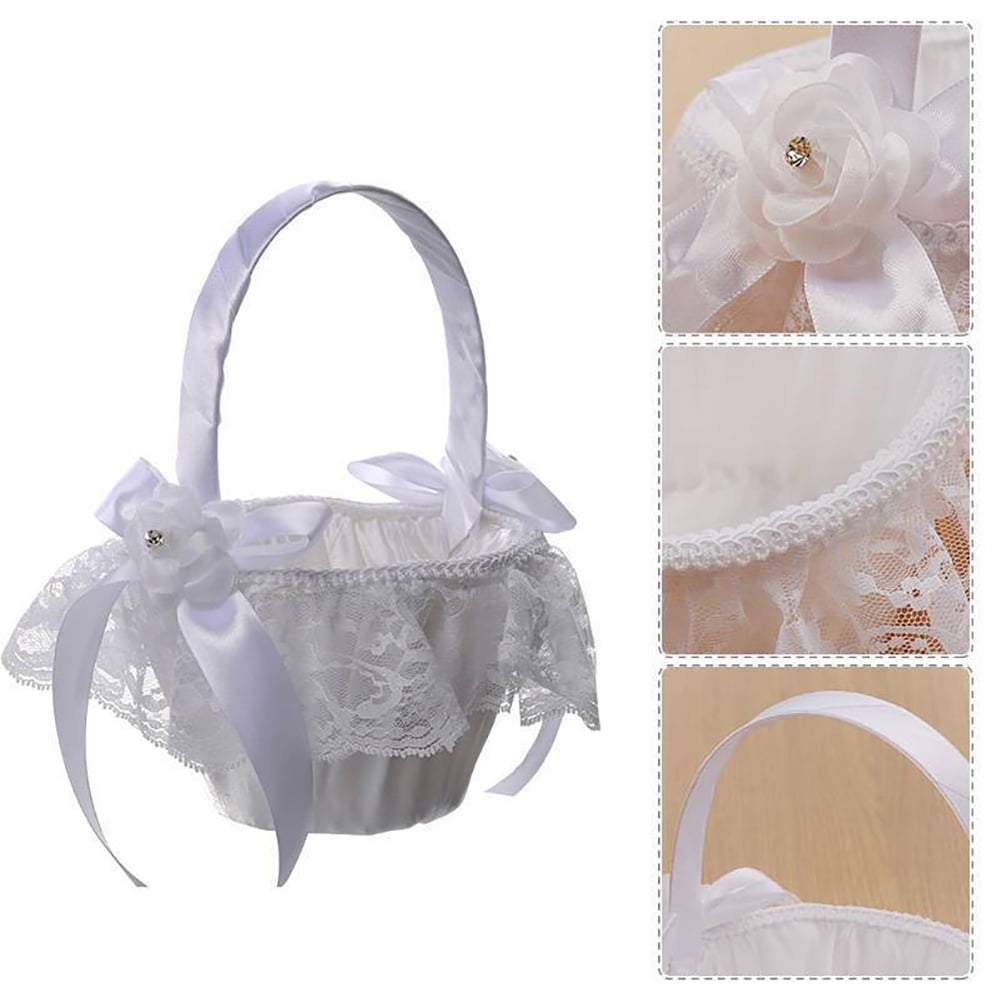 Fliyeong Premium Quality Satin Bowknot Lace Flower Girl Basket Storage Wedding Ceremony Party Supply 