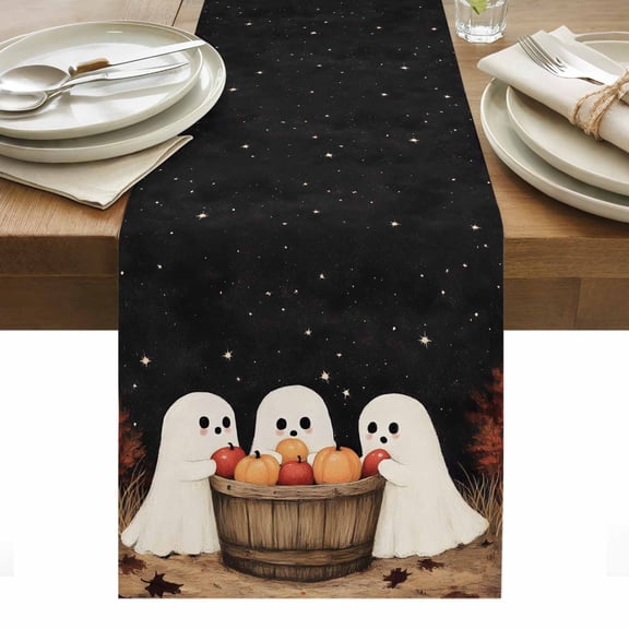 Cute Ghost Table Runner - 108 Inch Long, Kitchen Dining Table Runner Dresser Scarves, Autumn Napkins Harvest Black Night Farmhouse Decor for Coffee Tables Wedding Party Banquet