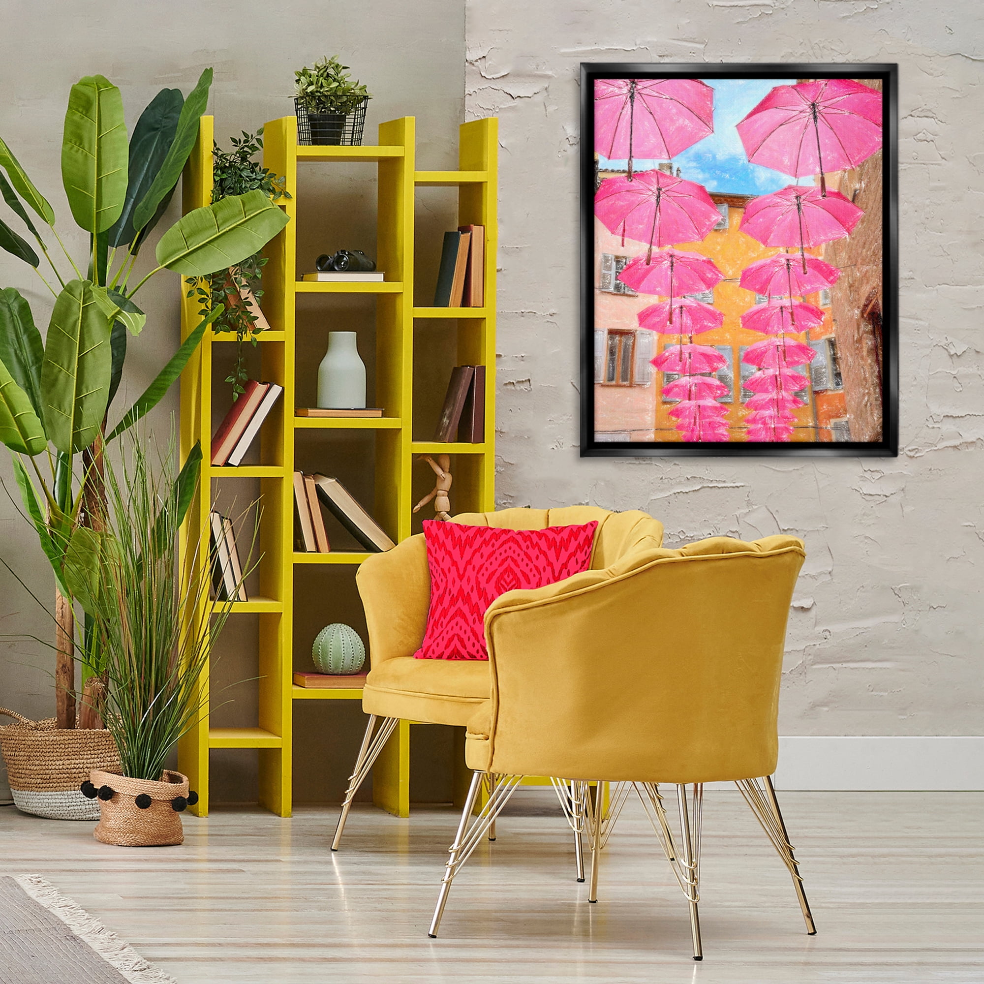 Stupell Industries Pink Umbrellas in Town Buildings & Architecture Painting Black Floater Framed Canvas Art Print Wall Art, 25 x 31