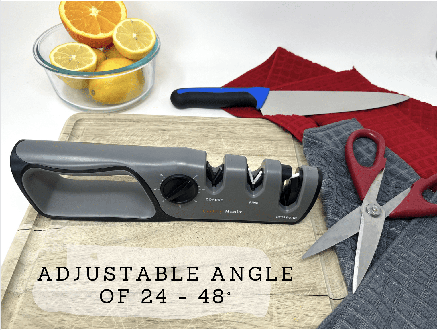 Cutlery Mania Adjustable Angle Kitchen Knife & Scissor Sharpener | Dual Stage Sharpening System | Tungsten Steel, Diamond and Ceramic Sharpeners