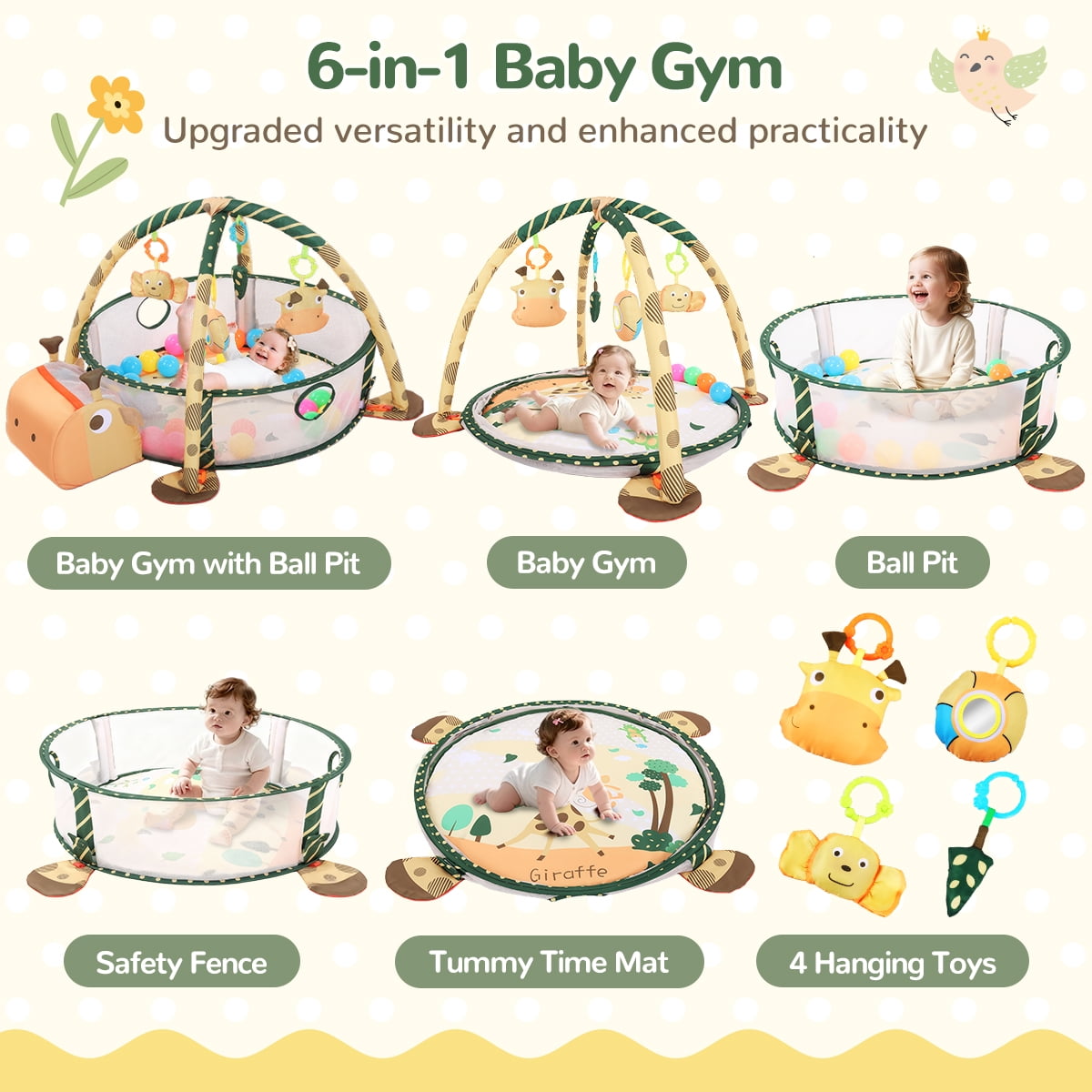 Baby Play Mat, Caveen 3 in 1 Baby Play Gym Activity Mat, with Hanging Toys and Ocean Balls, for Infants Toddlers, Orange Giraffe