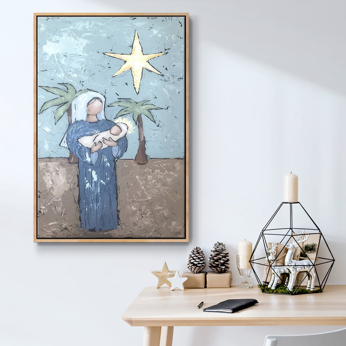 A Silent Night II - Framed Gallery Wrapped Holiday Canvas - 27 x 41 - Natural Wood Frame