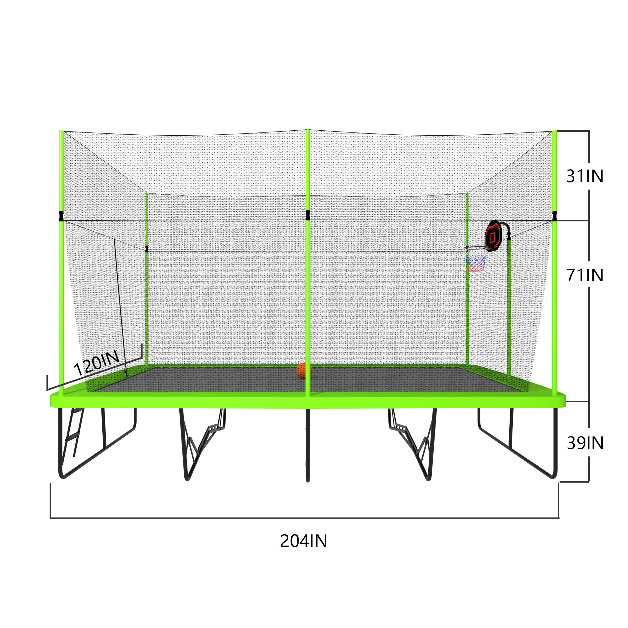 Dcenta 10ft by 17ft Rectangule Trampoline with Green Fabric Black Powder-coated Galvanized Steel Tubes with Basketball Hoop System Ladder - image 4 of 7