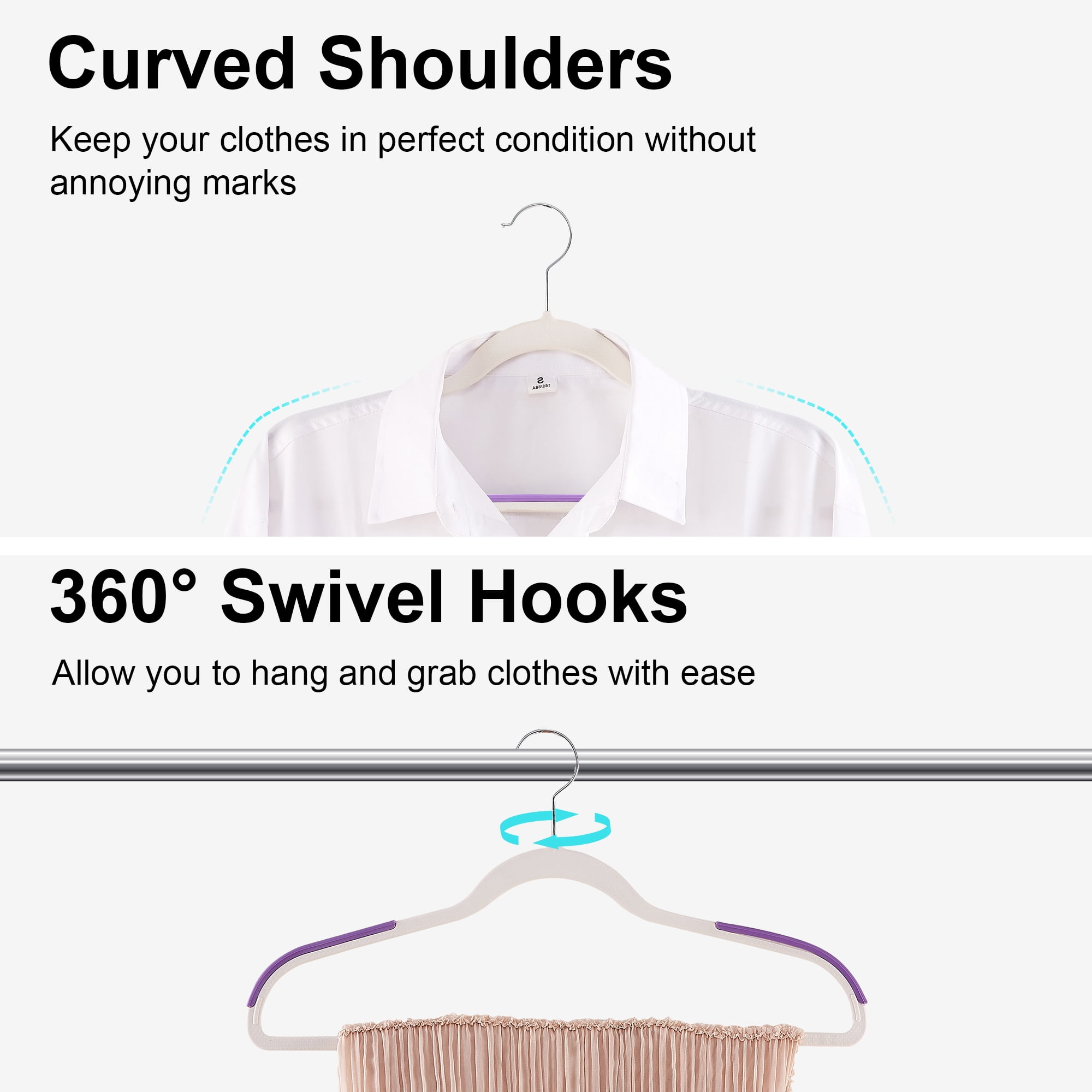 VECELO 50 Pack Heavy Duty Plastic Hangers, 360º Swivel Hook Coat Hangers, Non-Slip, Space-Saving, Purple